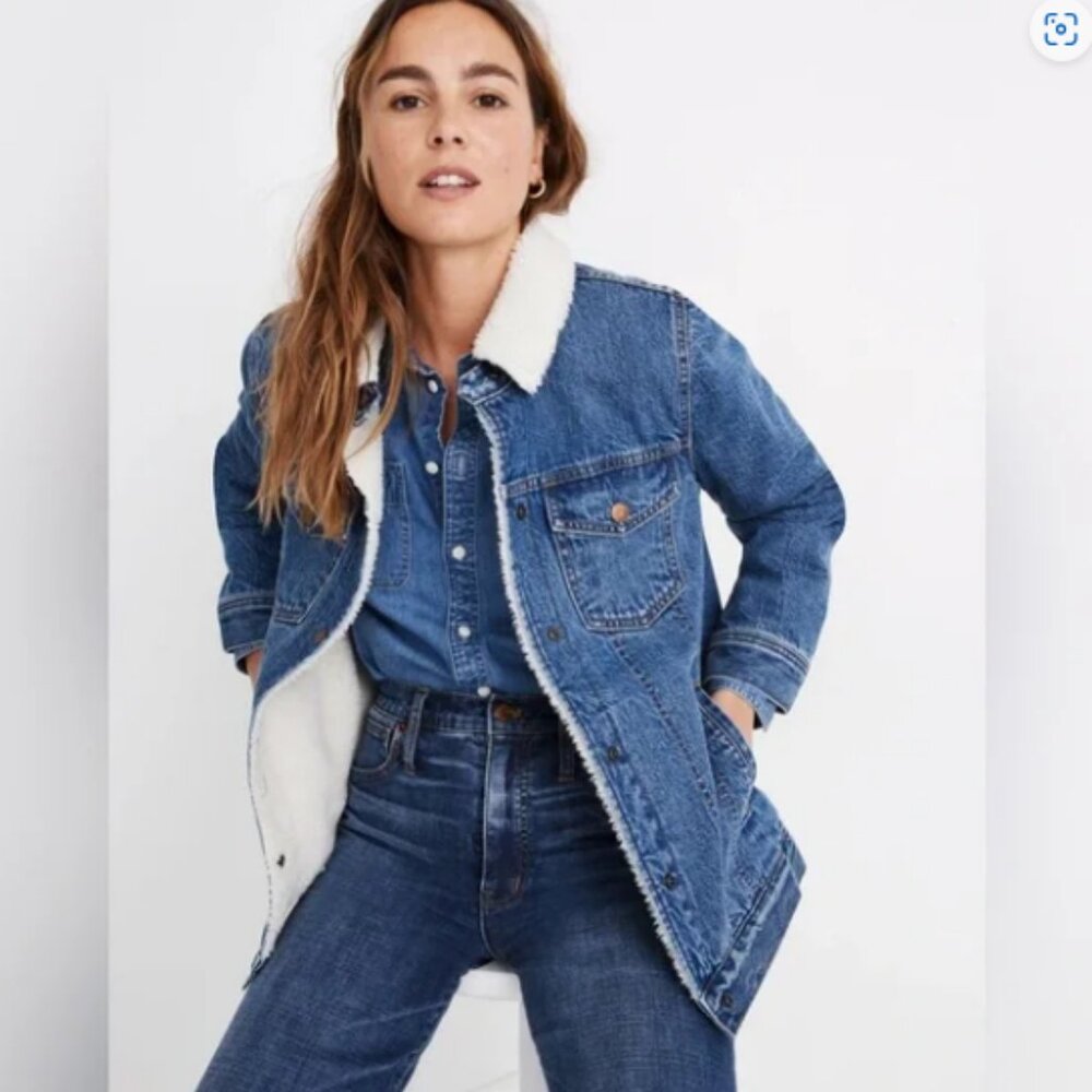 Madewell Blue Jean Jacket with White Sherpa Collar